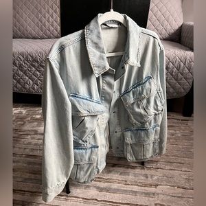 Zara TRF Denim Pocket Jacket Cargo Size Small Light Blue Excellent Condition